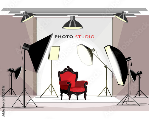 Modern photo studio interior with lighting equipment and armchair. Flat style vector illustration.