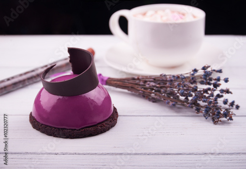 Mini cake with black currant and creamy mousse.