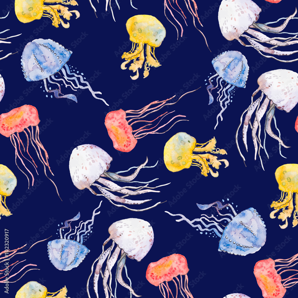 Fototapeta premium Colorful jellyfish. Sea pattern. Seamless pattern watercolor. Vector.