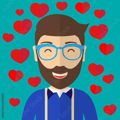 The hipster is laughing. Happy Valentine's Day