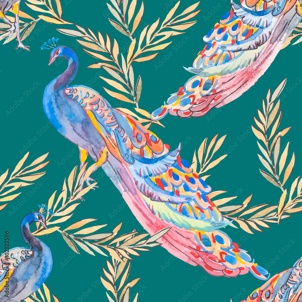 Beautiful peacock pattern. Vector. Peacocks and plants.