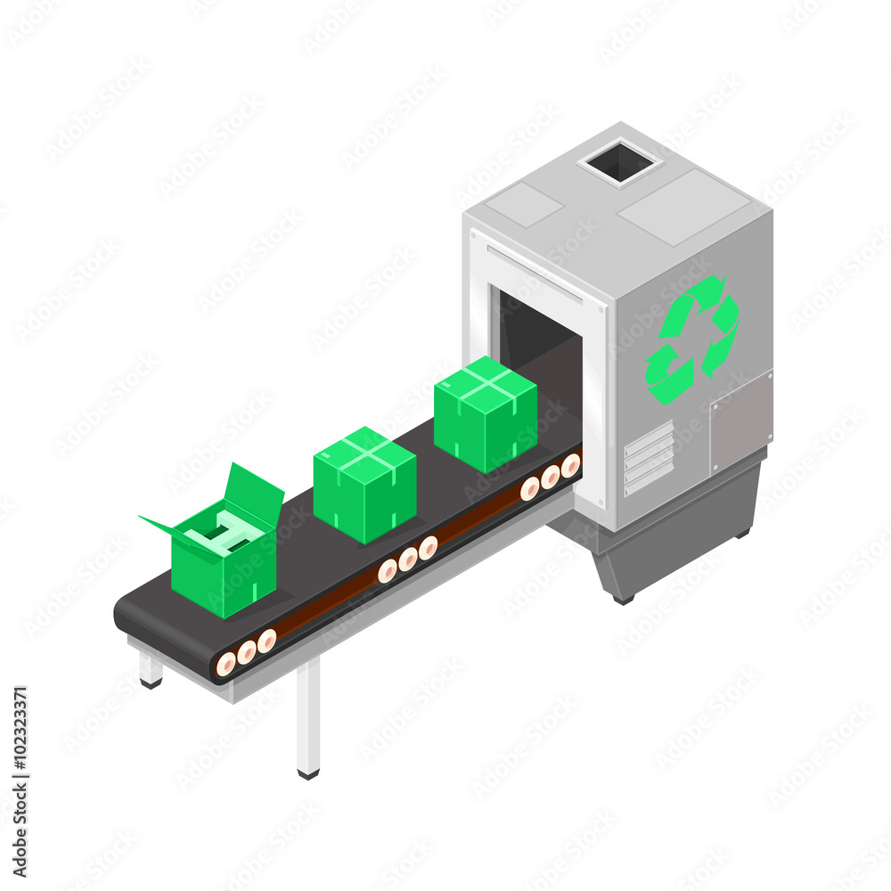 Isometric illustration of industrial production and recycling. 
Factory line with conveyor belt and new green boxes for conservation and eco friendly. 
