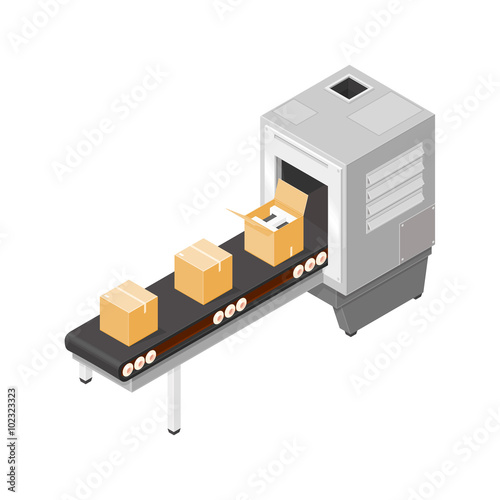 Isometric illustration of an industrial production line.   Factory line with conveyor belt and new boxed goods. © grimgram