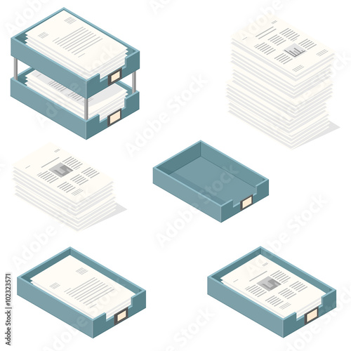 Vector Isometric office in and out trays. 
Office Paperwork and documentation Icons.