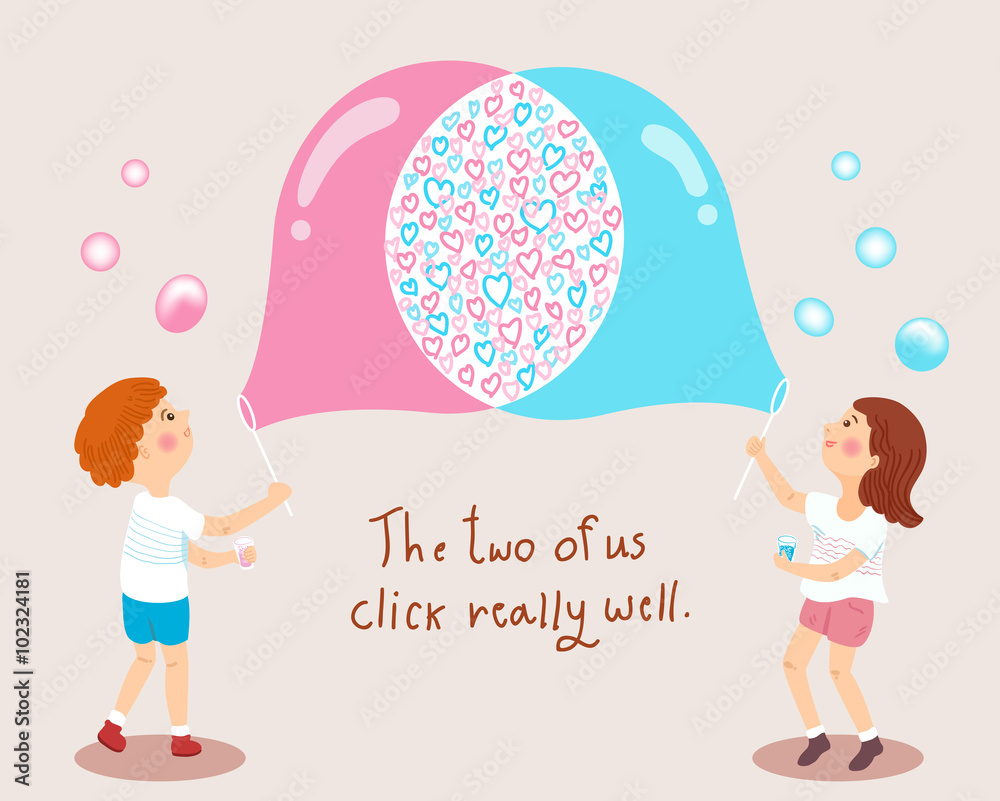 boy and girl blowing soap bubbles love concept illustration boy and girl blowing soap bubbles love concept illustration