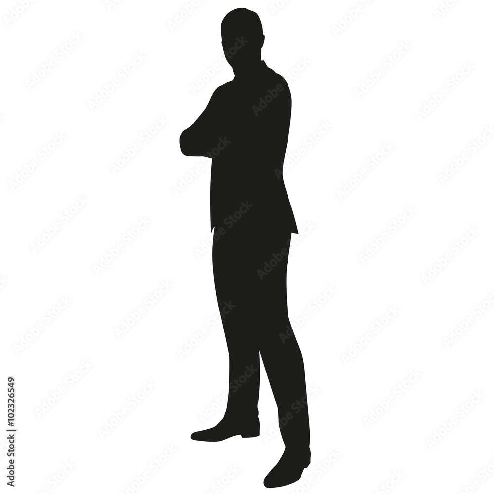 Businessman standing with arms folded, side view. Vector silhoue