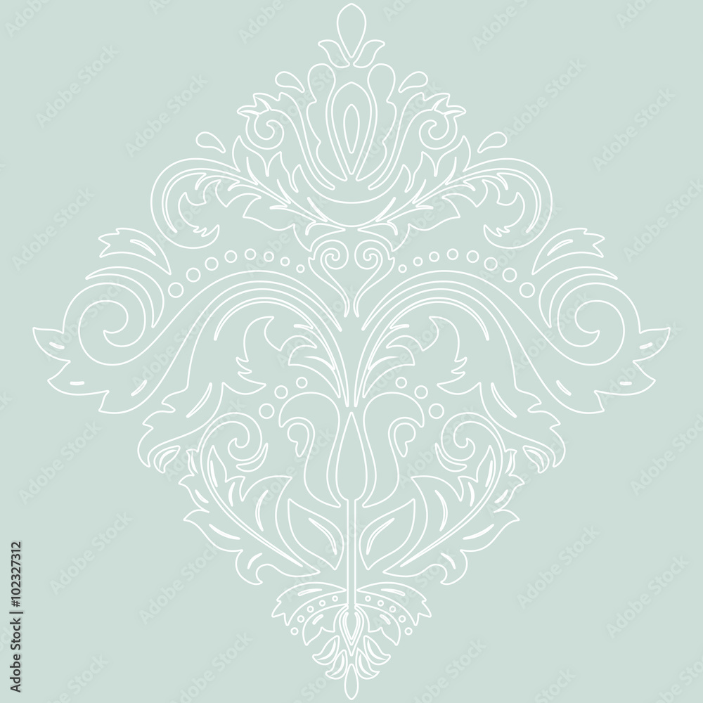 Oriental vector pattern with arabesques and floral elements. Traditional classic ornament. Light blue wallpaper whith white outlines