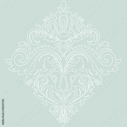 Oriental vector pattern with arabesques and floral elements. Traditional classic ornament. Light blue wallpaper whith white outlines