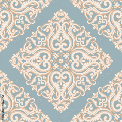 Seamless damask pattern. Blue and beige pastel texture with pearls. Vector illustration. Can use as background for birthday cards, wedding invitations, textile print, wallpapers, wrapping paper