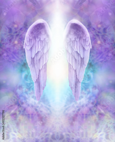 Fotomurale Lilac Angel Wings - beautiful pair of lilac Angel wings with white light flowing