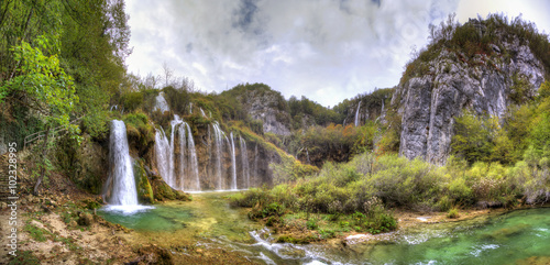 Stunning panoramic view of the waterfalls in Plitvice national park, an UNESCO world heritage site, in Croatia. HDR
