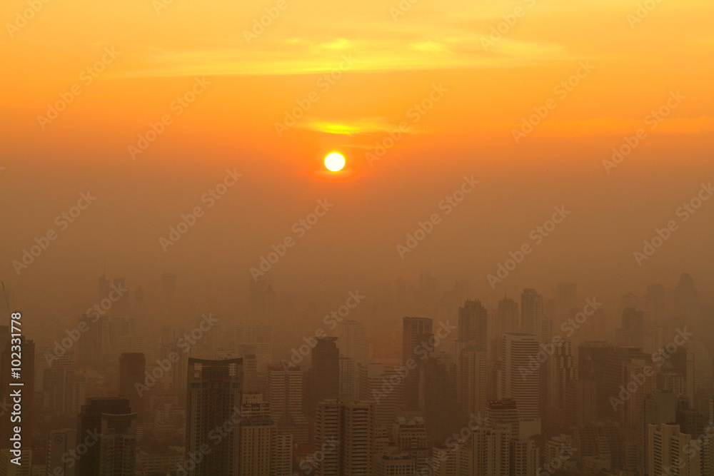 Aerial view of Bangkok downtown at misty sunrise, Thailand
