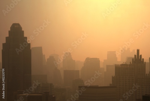 Big city at misty sunrise, Bangkok, Thailand