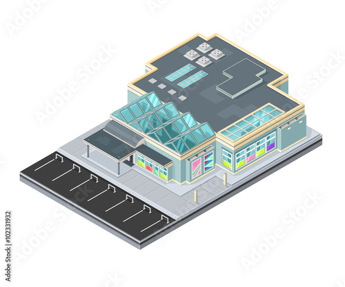 A vector illustration of a modern shopping mall icon. 
Isometric Shopping mall building illustration. 