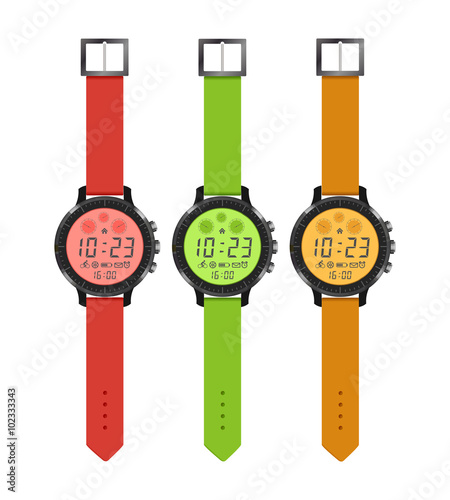 The sports and fashion watches, set hours of different colors with an electronic dial. Vector illustration.