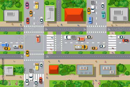 Top view of the city from the streets, roads, houses, and cars