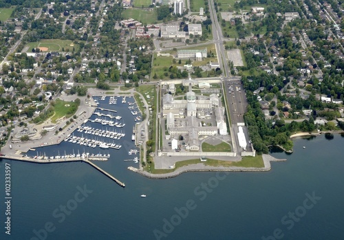 Lake Ontario shoreline aerial, Marina and Penitentiary, Kingston Ontario Canada