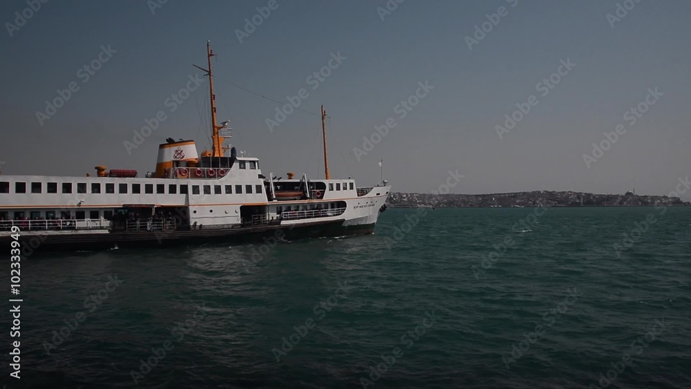 Steamboat Ferry Goes with Passenger on Sea in Istanbul Bosphorus Steamboat Ferry Goes with Passenger on Sea in Istanbul Bosphorus