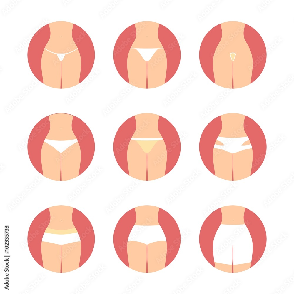 Various types of women panties. Underwear vector set. String, thong, tanga,  bikini, cheeky, hipster, boyshorts, classic brief, slip, high waist  illustration. Hosiery elements. Girl lingerie icons Stock Vector