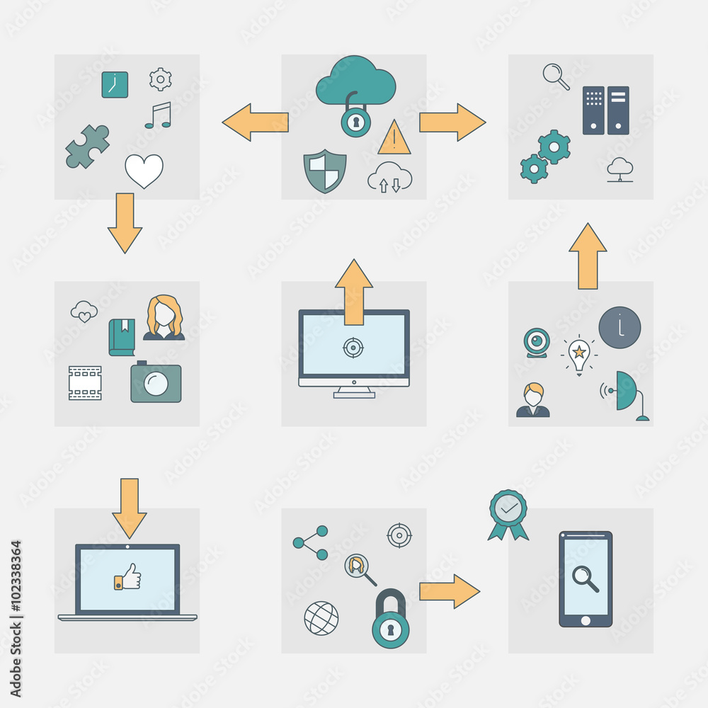 Concept of cloud computing and protecting data. Thin line icons Concept of cloud computing and protecting data. Thin line icons