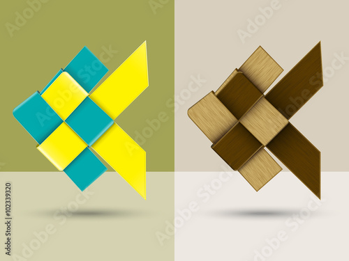 Vector illustration two fish weaving with ribbon and wooden strip