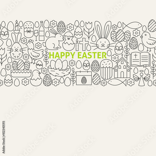 Happy Easter Line Art Icons Seamless Web Banner