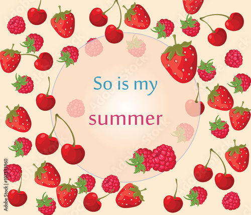 Cherry, strawberry and raspberry Summer background fruits. Vector