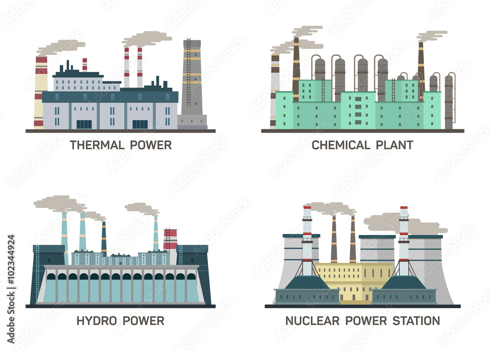 Set of vector industrial flat illustration of different types of power plants. Conception of making energy and pollution of the environment. Nuclear, thermal, hydro, chemical energy.