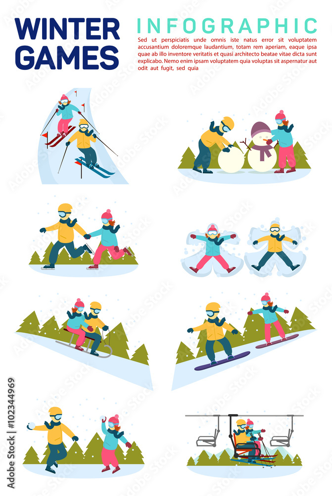 Fototapeta premium Vector flat illustration infographic of winter snow sport games. Skiing, making snowman, skating, angels on snow, sledding, snowboarding, moving by ski lift