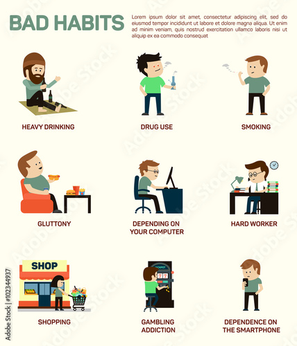 Vector flat illustration infographic of popular bad habits. Alcohol drinking, drug usage, smoking, gluttony with obesity, dependence of computer, smartphone, working hard, shopping, gambling