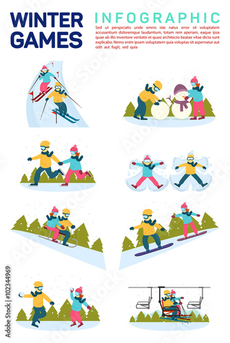 Vector flat illustration infographic of winter snow sport games. Skiing, making snowman, skating, angels on snow, sledding, snowboarding, moving by ski lift © Elegant Solution