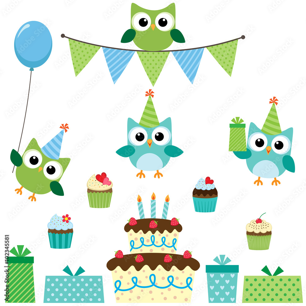 Fototapeta premium Party owls blue set