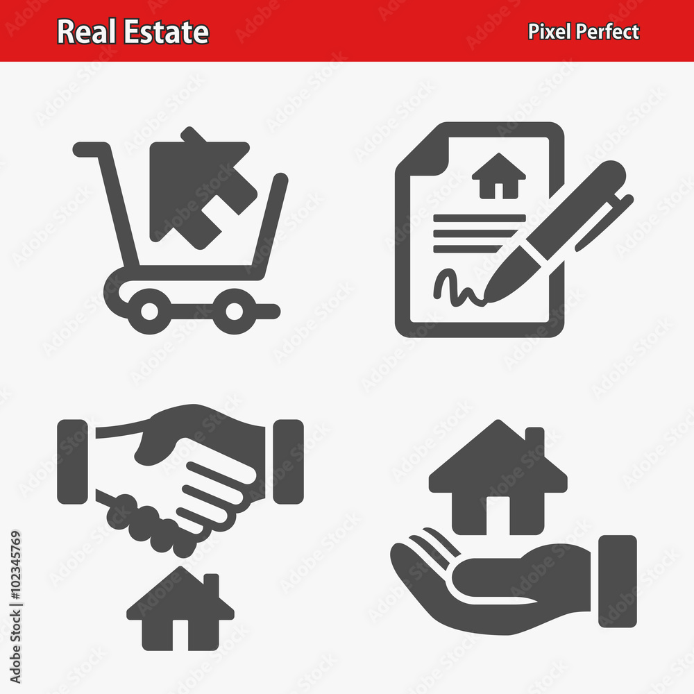 Real Estate Icons. Professional, pixel perfect icons optimized for both large and small resolutions. EPS 8 format.