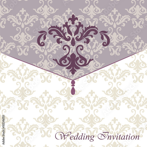 
Classic luxury invitation card with damask ornament in red. Vector