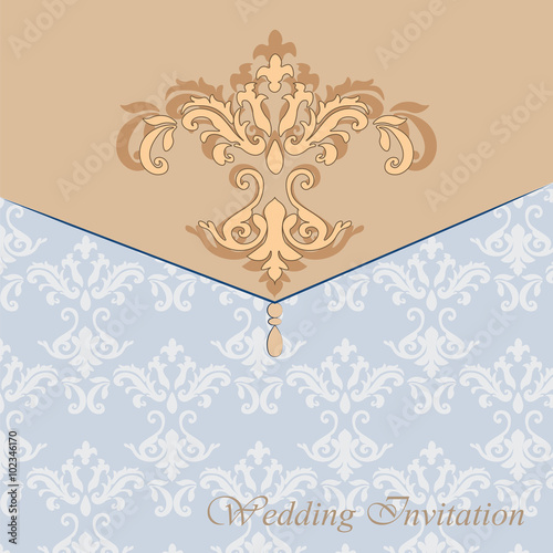Classic luxury invitation card with damask ornament in golden. Vector