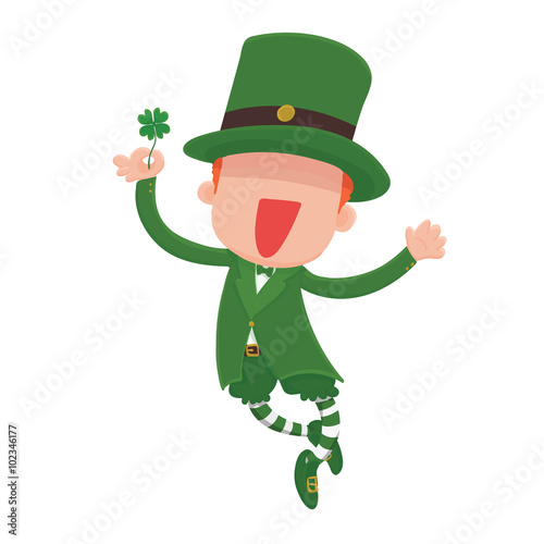 Vector Illustration of a jumping, smiling cartoon leprechaun holding a four-leaf clover for St. Patrick's Day.