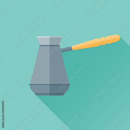 Cezve flat icon with long shadow. Turkish coffee pot. Vector illustration.