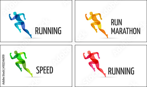 Running man, sport colorful poster, icon with splashes, shapes