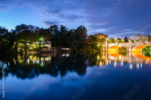 Turin (Torino), night view on river Po