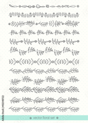 Floral hand drawn borders collection. Flowers, leaves, frames, decorative elements for your design. Vector set