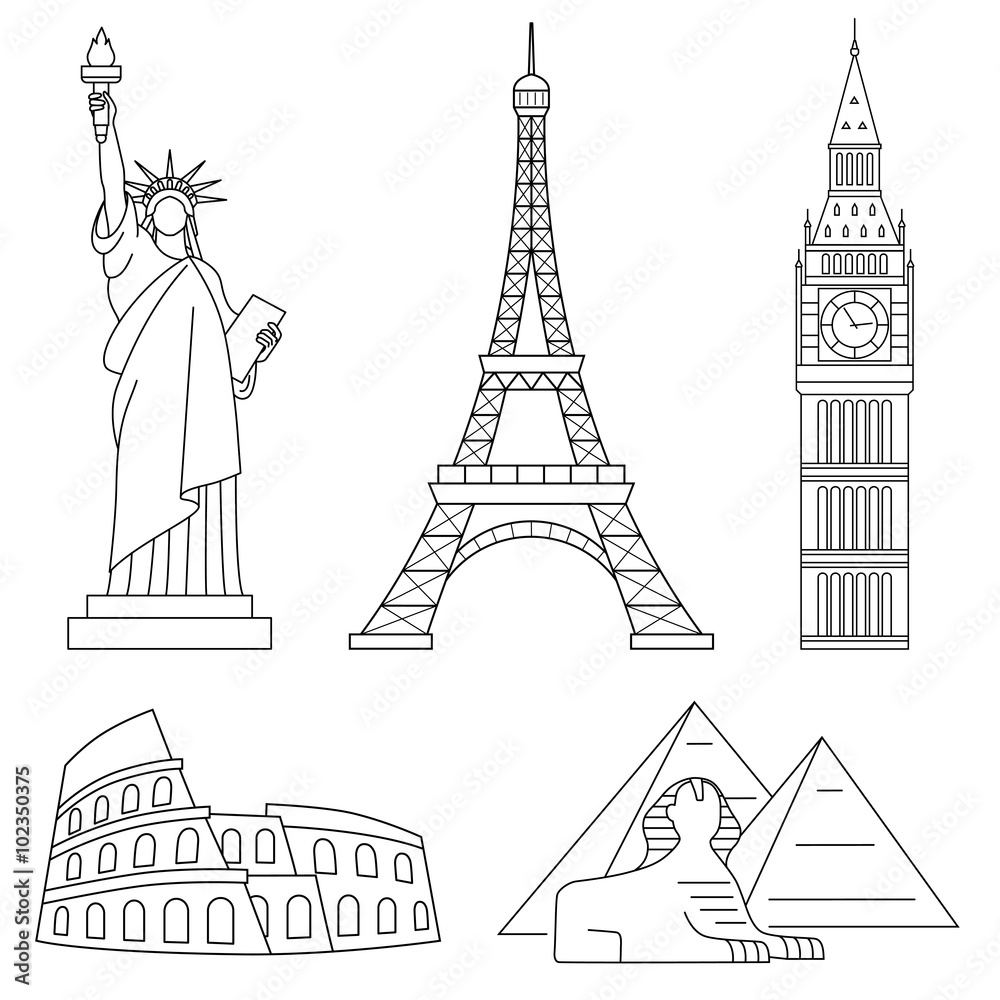 World Landmarks, Eiffel Tower, Statue of liberty, Big Ben, Colosseum, Sphinx. Vector line icons set.
