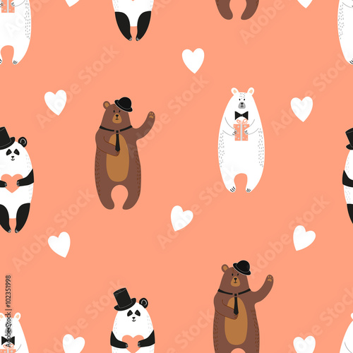 Wzór ładny niedźwiedzie. Bezszwowe romantyczne tło z niedźwiedziem polarnym, niedźwiedziem brunatnym i pandą.