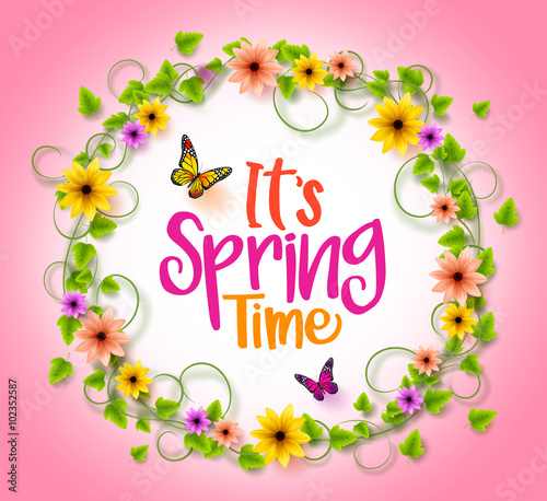 Fototapeta Naklejka Na Ścianę i Meble -  Spring Time in a Circle Frame with Wreath of Colorful Flowers, Vines and Leaves with Flying Butterflies in Pink Background. 3D Realistic Vector Illustration
