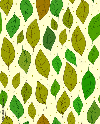 Autumnal vector seamless pattern with green and yellow leaves