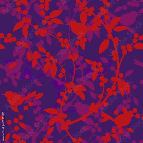 Seamless pattern of Blackthorn berries and birds
