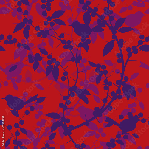Seamless pattern of Blackthorn berries and birds
