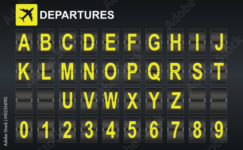 Alphabet in airport arrival and departure display style template.