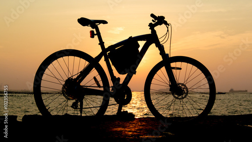 Silhouette of mountain bike at sea with sunset sky