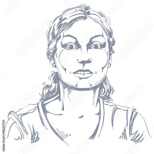 Vector portrait of scared woman, illustration of amazed