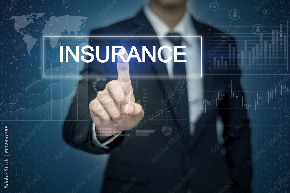 Businessman hand touching INSURANCE button on virtual screen Businessman hand touching INSURANCE button on virtual screen